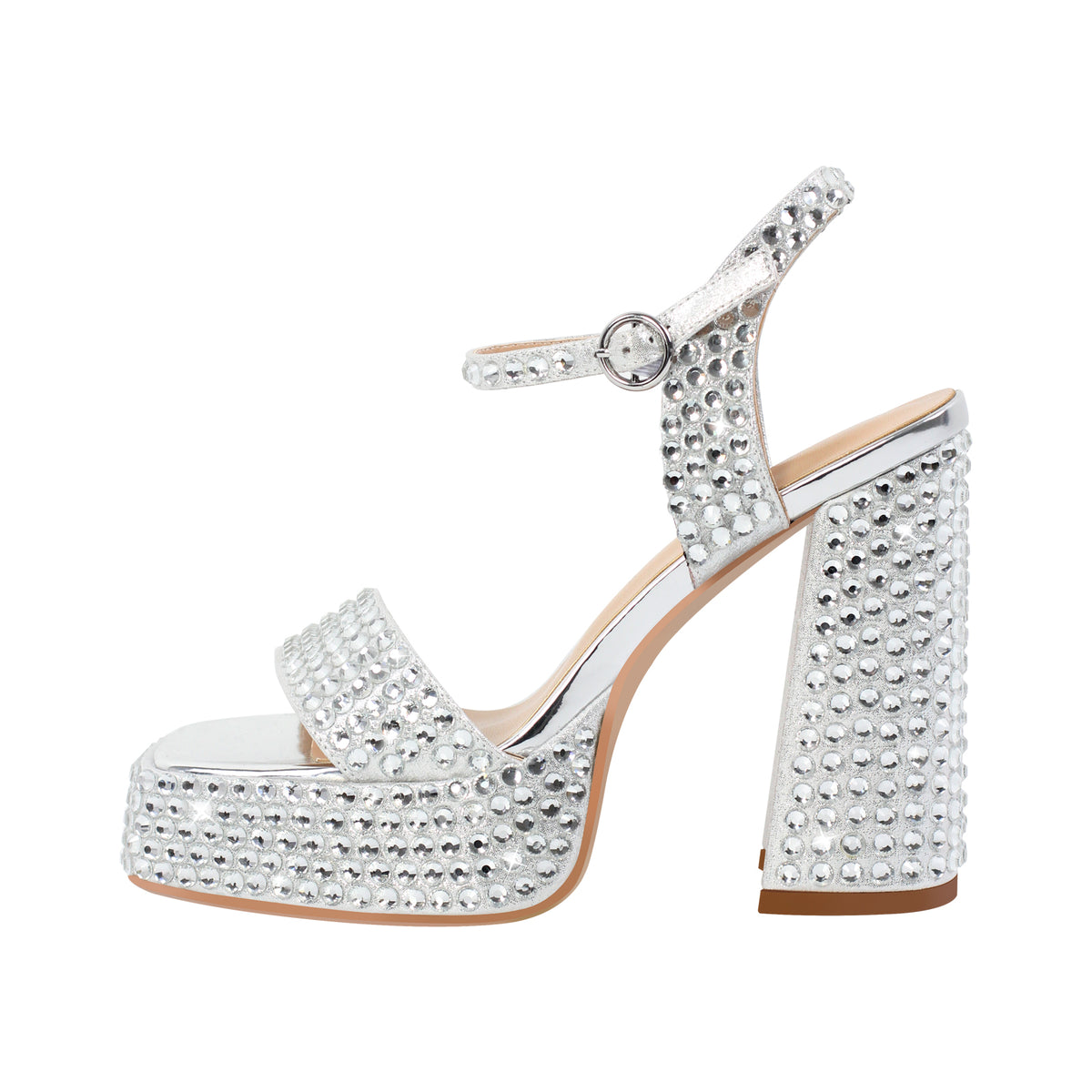 Metallic Chunky Heel Platform Rhinestone Sandals – Missheel