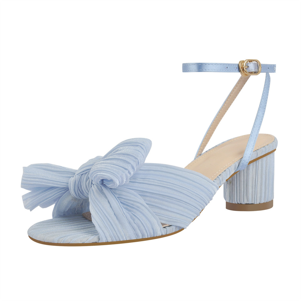 Cylindrical Chunky Heel Pleated Bow Sandals