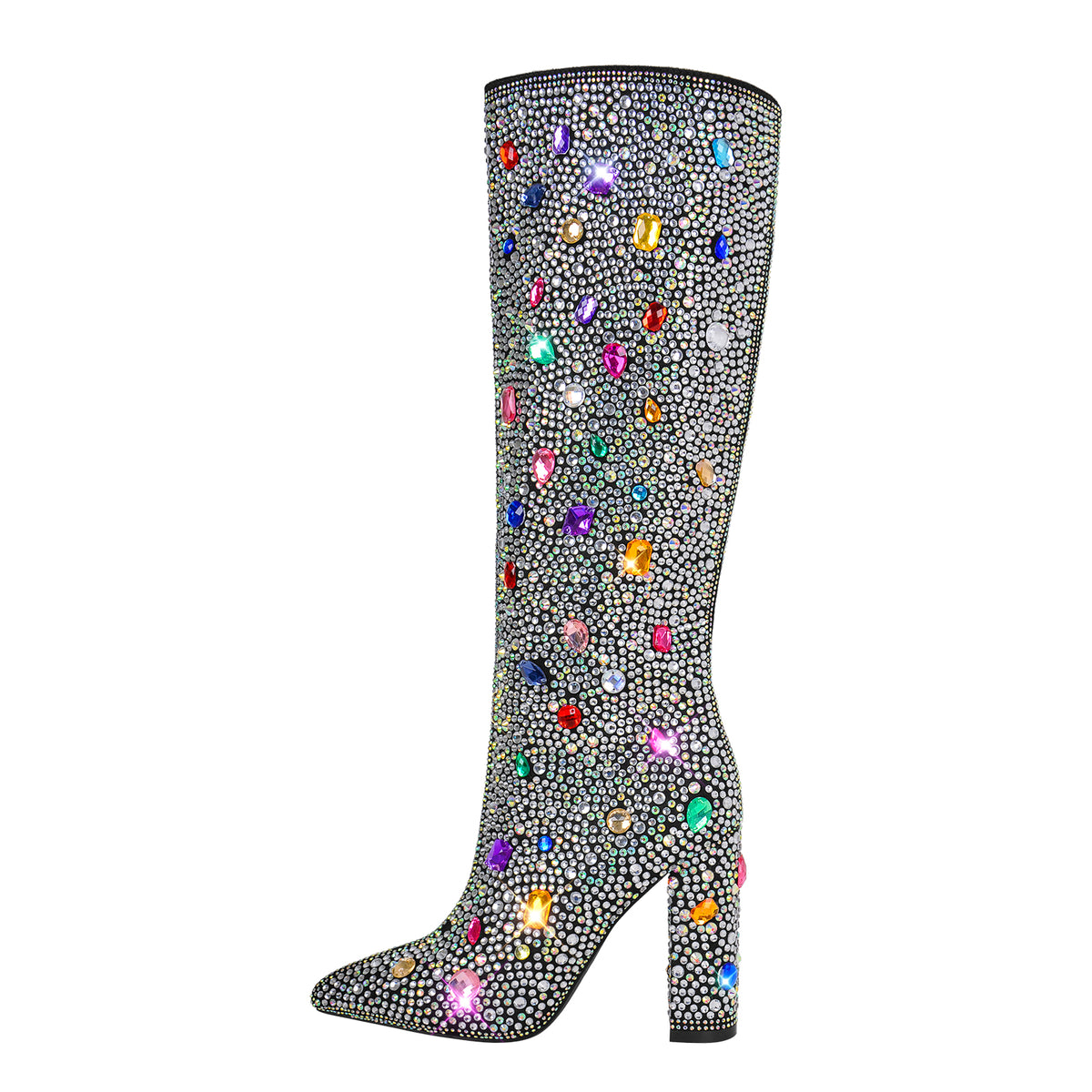 Chunky Heel Rhinestone Jewel Knee High Boots – Missheel