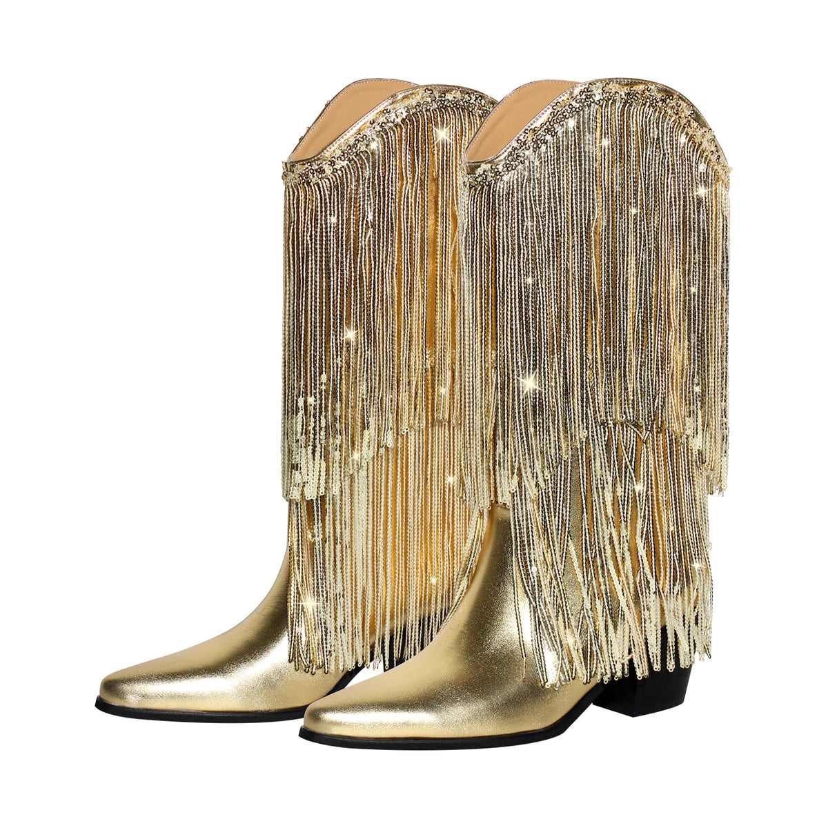 Rhinestone Mid-Calf Fringe Cowboy Boots – Missheel